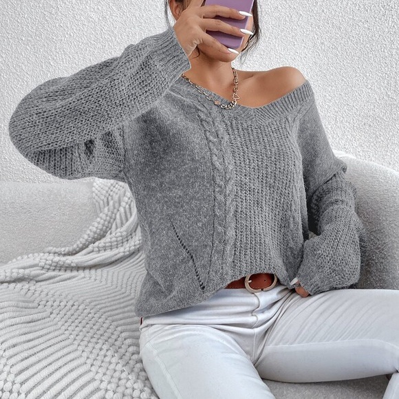 🌪 GREY CABLE KNIT V NECK LOOSE SWEATER! - Picture 6 of 12